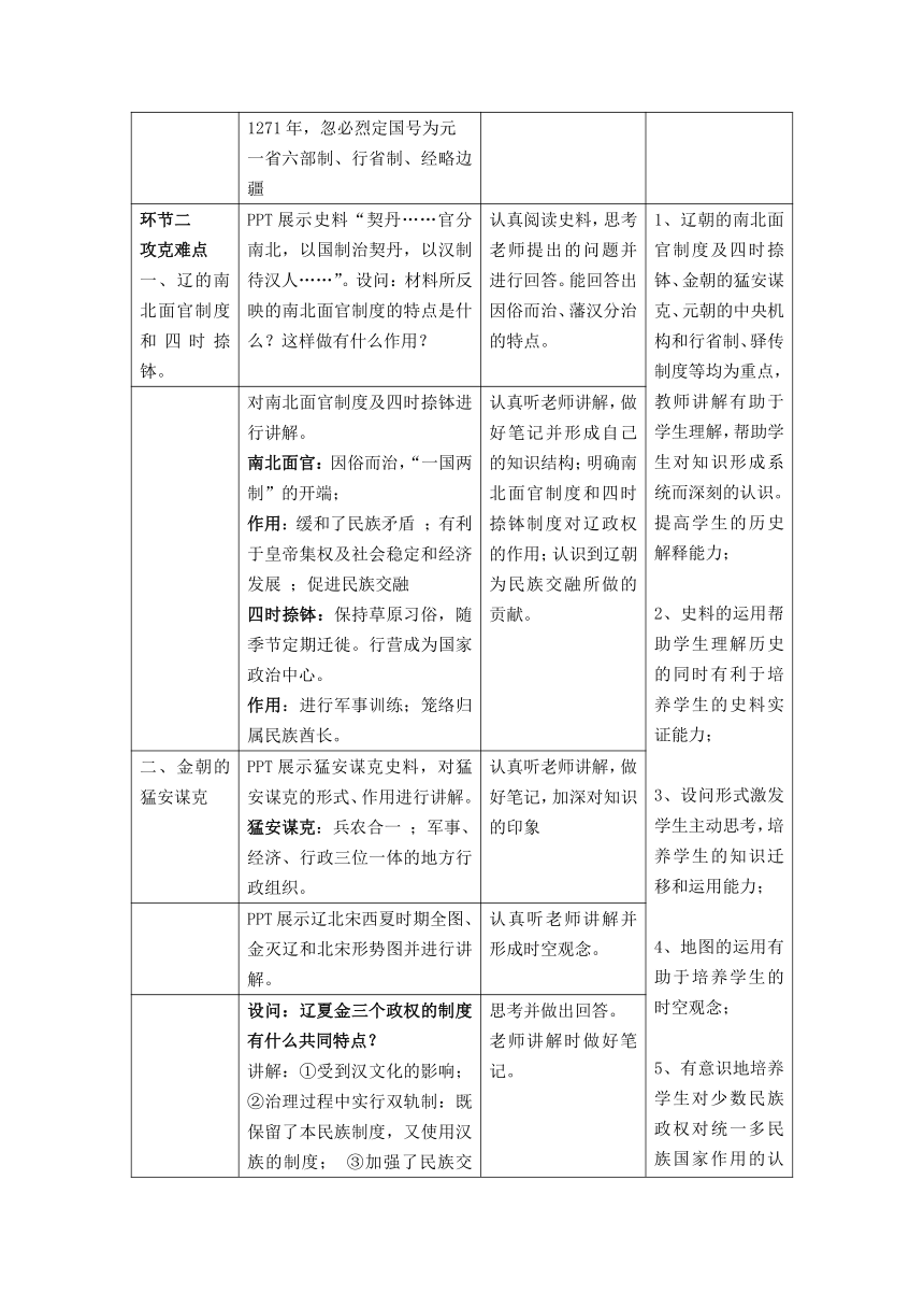 第10课 辽宋金元的统治 教学设计（表格式）--2023-2024学年高中历史统编版（2019）必修中外历史纲要上册