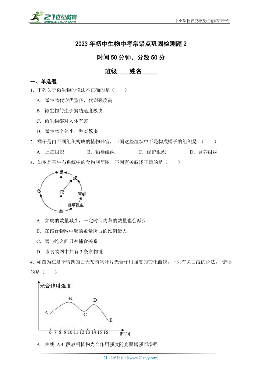 2023年初中生物中考常错点巩固检测题2（含解析）