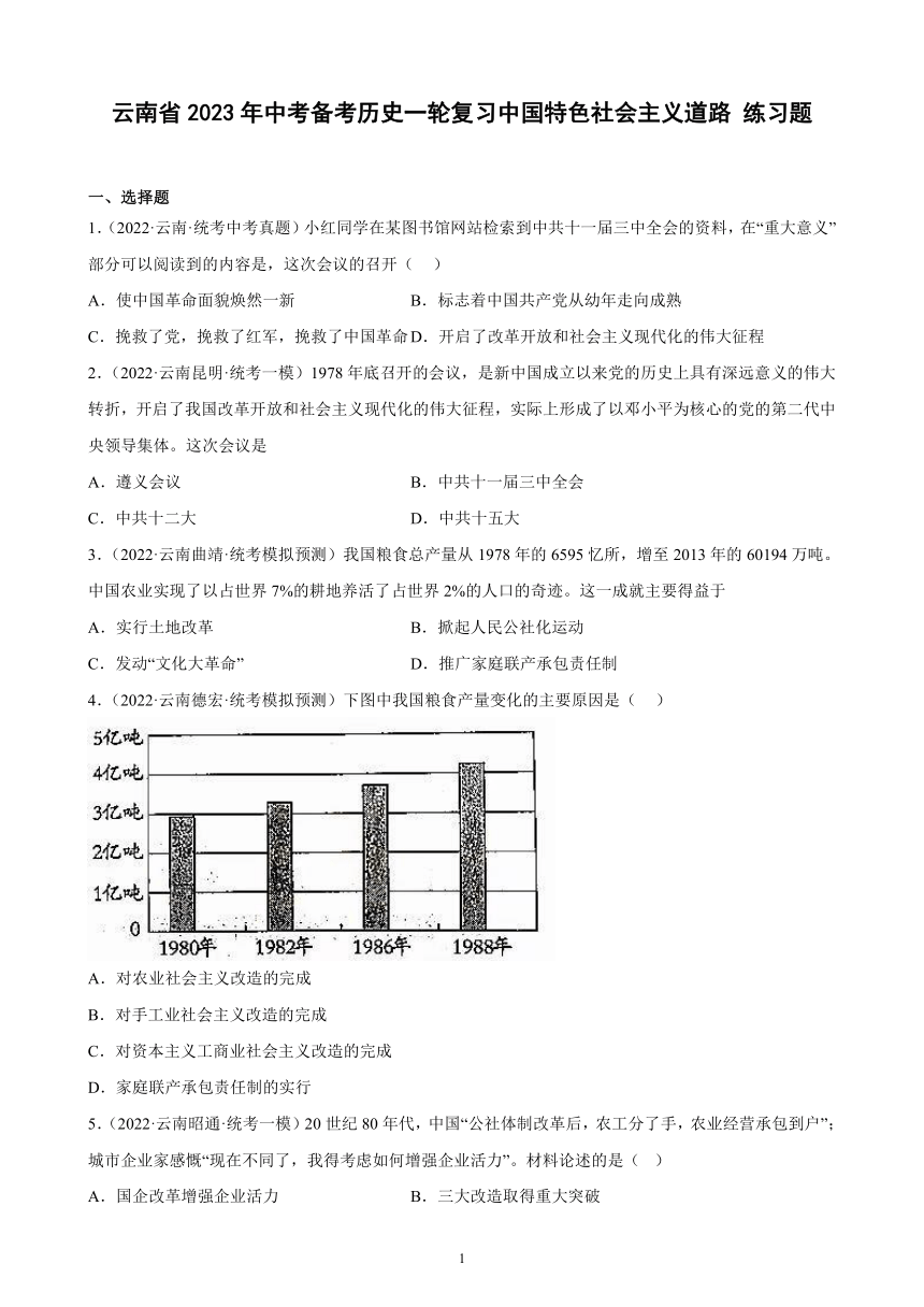 云南省2023年中考备考历史一轮复习中国特色社会主义道路 练习题（含解析）