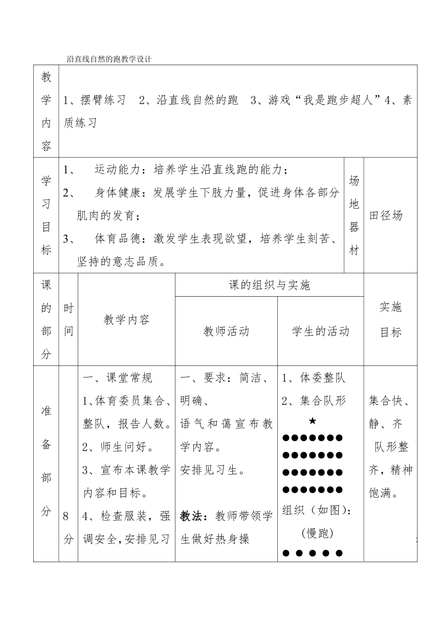 通用版 一年级上册 体育 沿直线自然的跑 教案（表格式）