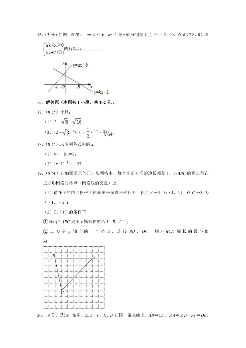 2020-2021学年江苏省淮安市洪泽区、金湖县八年级（上）期末数学试卷（Word版 含解析）