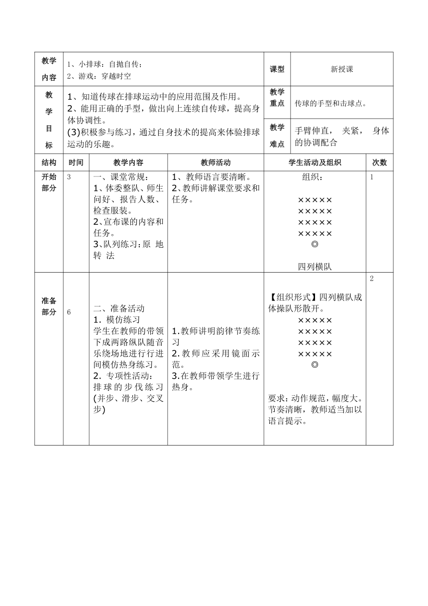 体育六年级上册 小排球：自抛自传 教案（表格式）