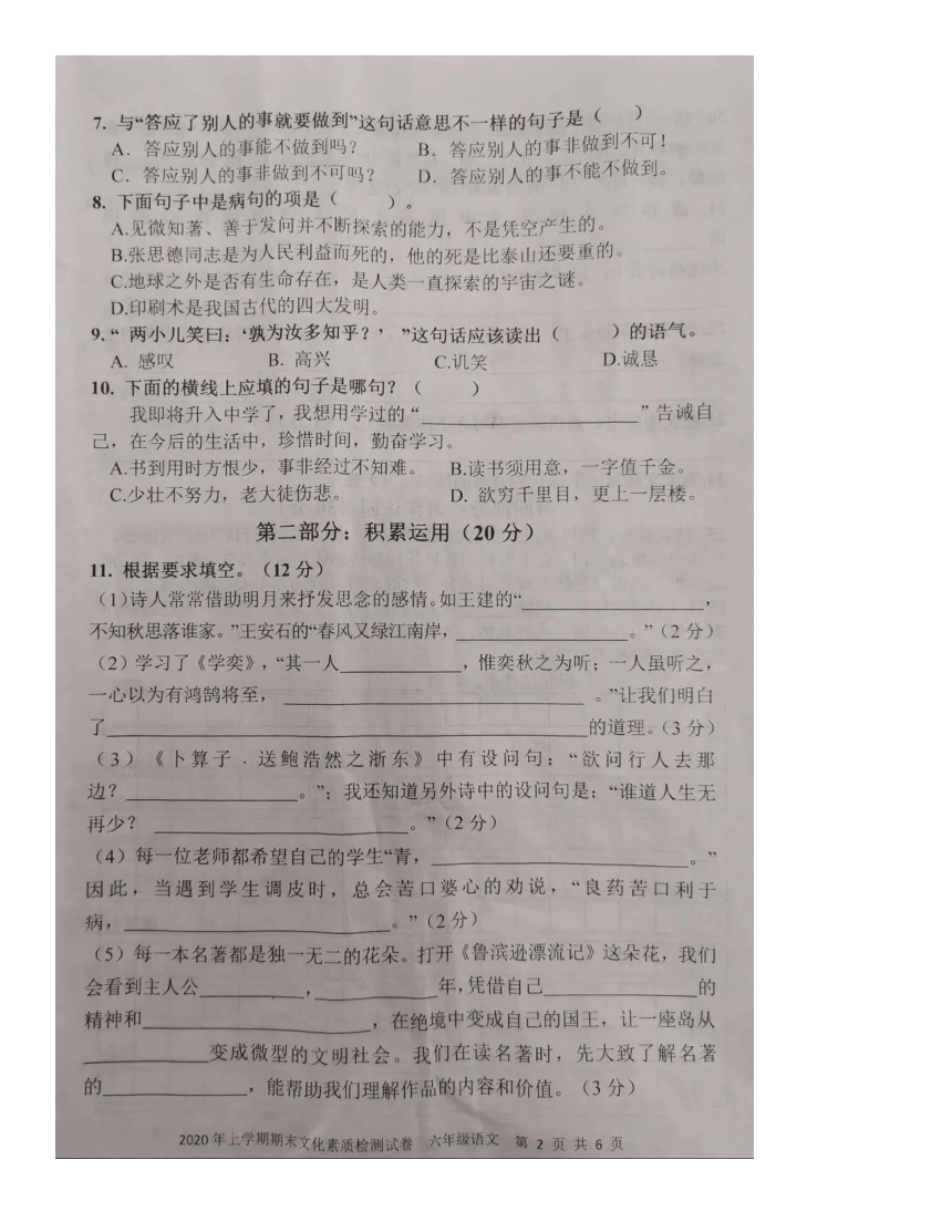 湖南省娄底市2019-2020学年六年级下学期期末文化素质检测语文试题（图片版 无答案）