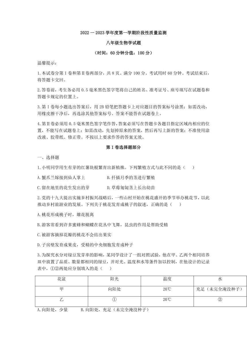 2022-2023学年八年级上学期 山东省滨州市阳信县期中生物试题(含答案)