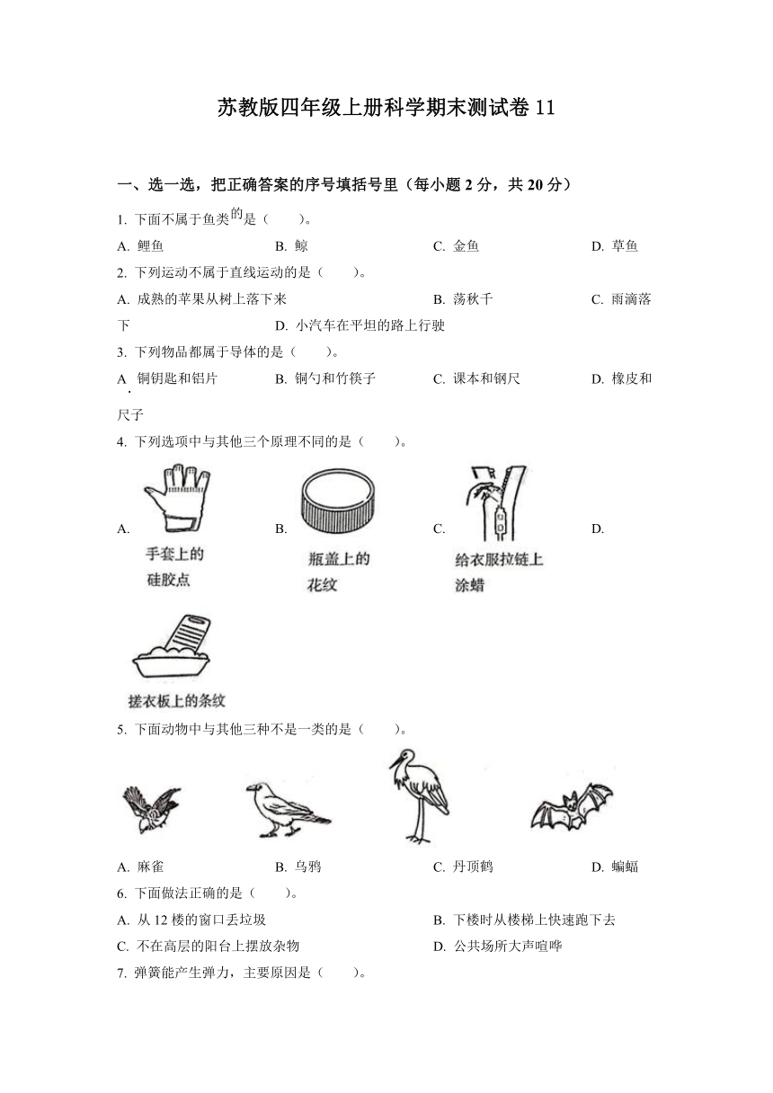 苏教版四年级上册科学期末测试卷11（含答案）