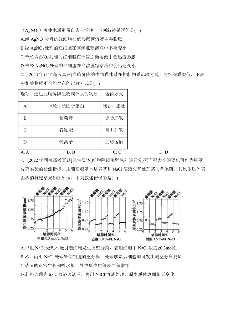 考点三：物质出入细胞的方式——（2020—2023）四年高考生物学真题专项汇编【新高考版】（含答案）