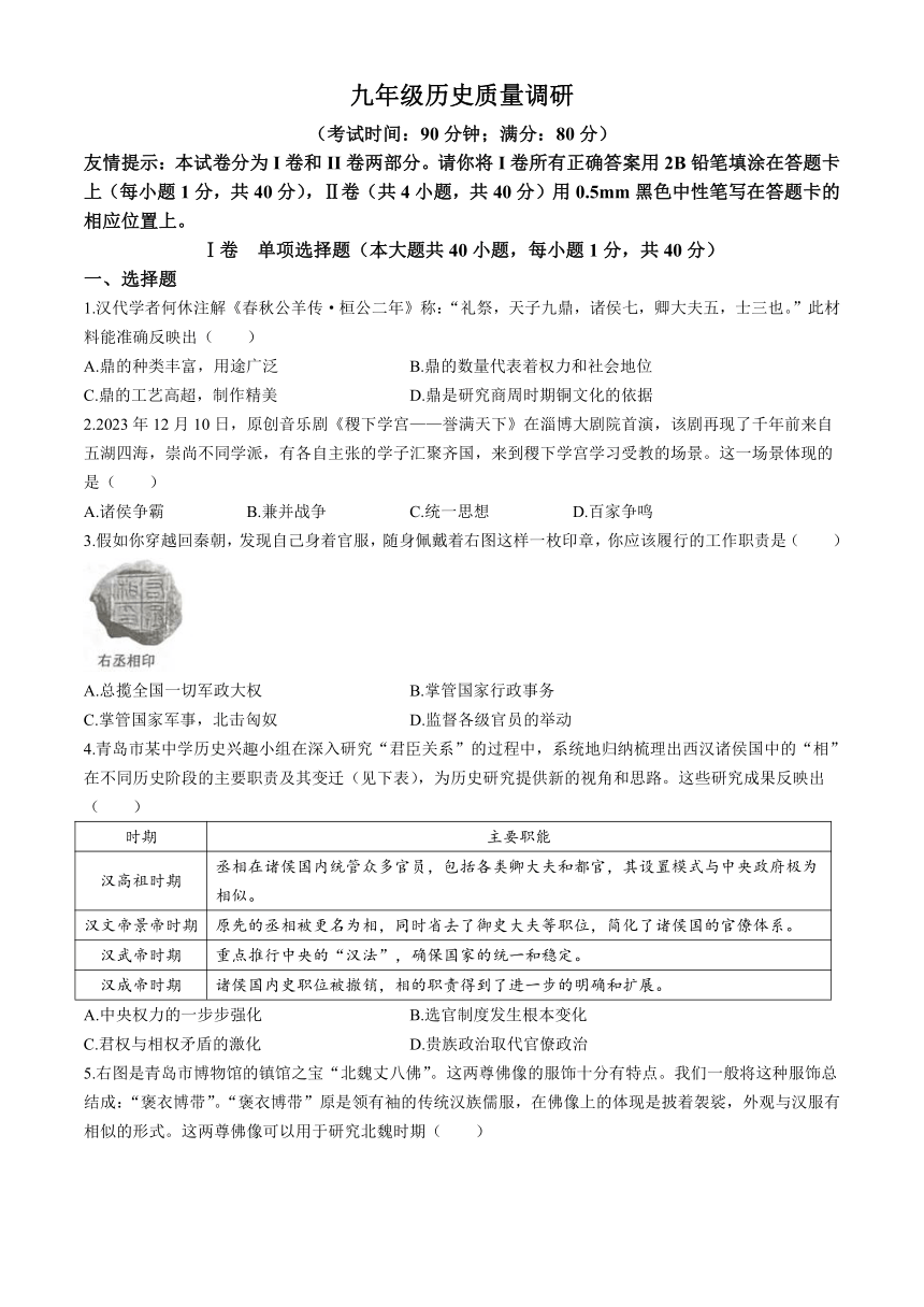 2024年山东省青岛市市北区九年级一模历史试题(无答案)