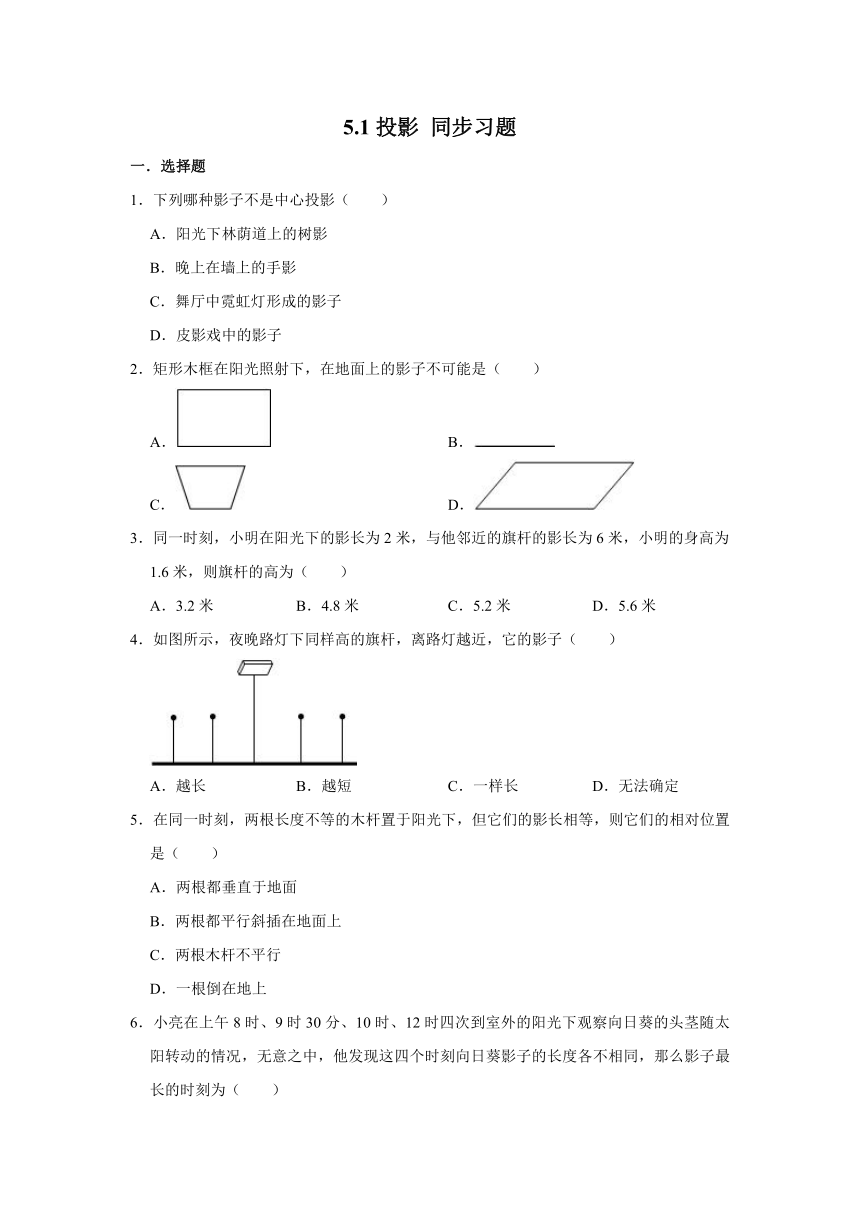 北师大版九年级上册数学 5.1投影 同步习题（Word版 含解析）