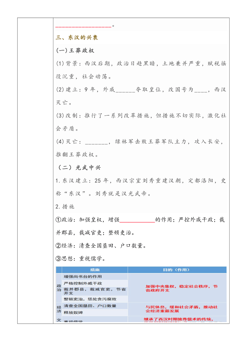 第4课 西汉与东汉——统一多民族封建国家的巩固导学案（无答案）--2023-2024学年统编版（2019）高中历史必修中外历史纲要上册