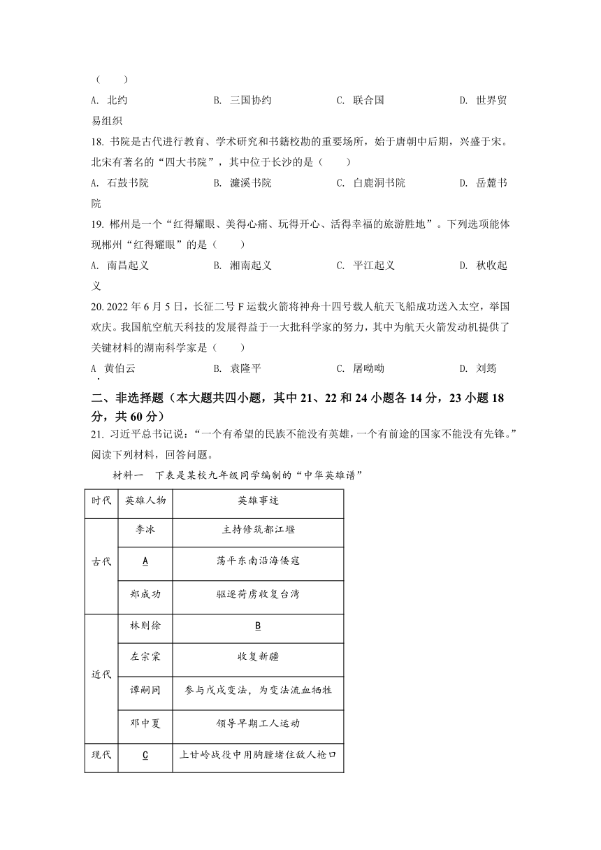 2022年湖南省郴州市中考历史真题（Word版，含答案）