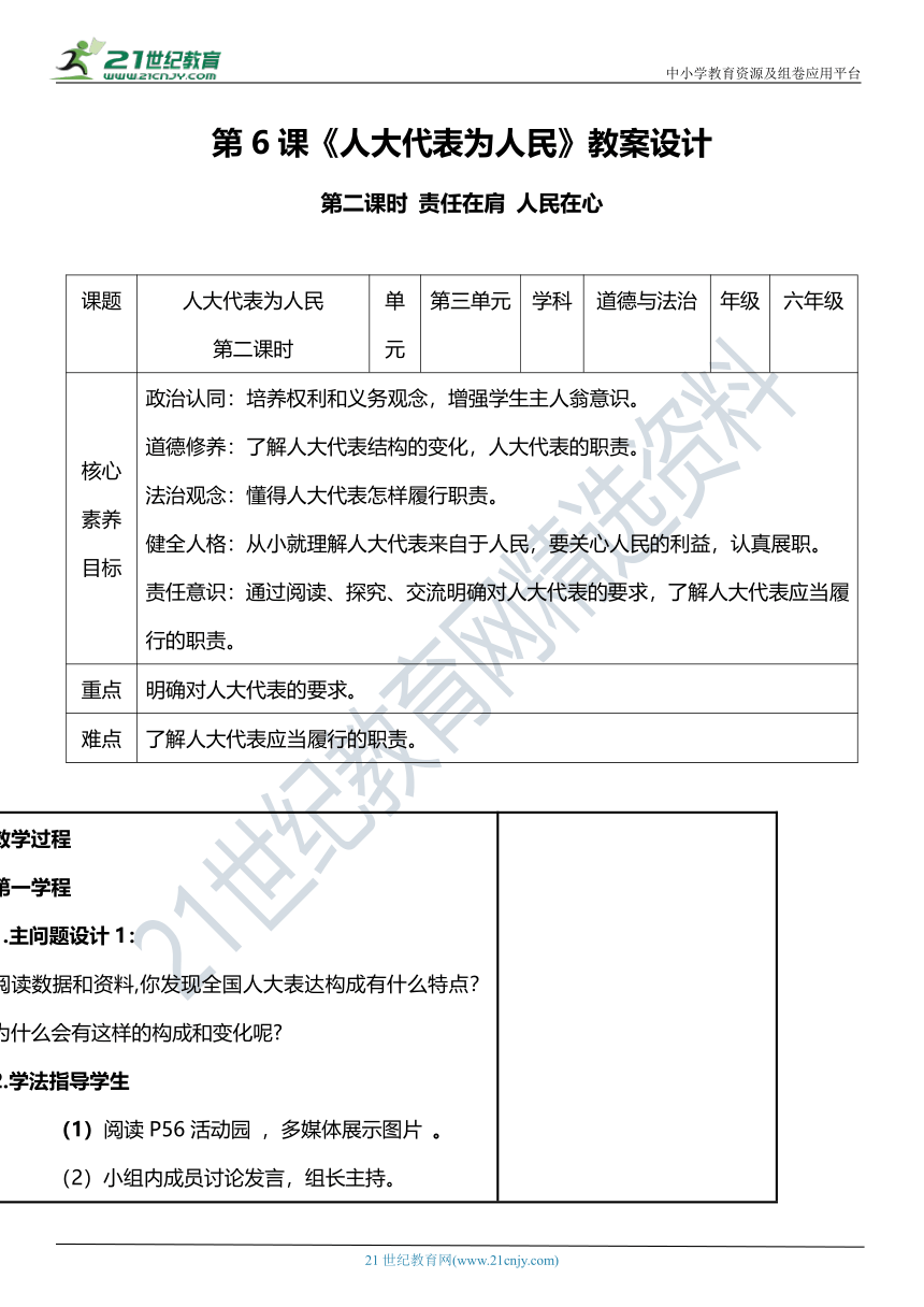 （核心素养目标）6.2 人大代表为人民 第2课时 责任在肩 人民在心 教案设计