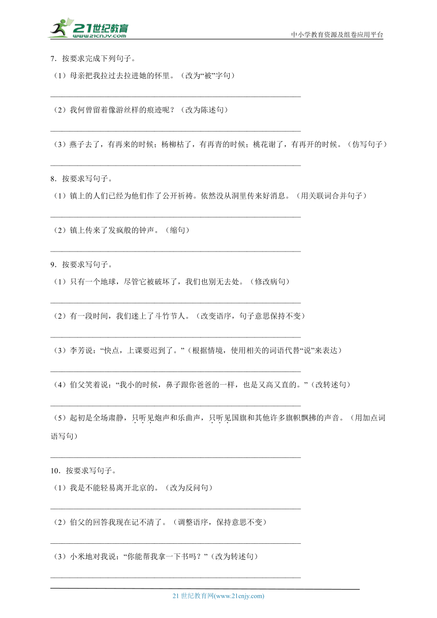 部编版小学语文六年级下册小升初分类特训：句子练习（一）（含答案）