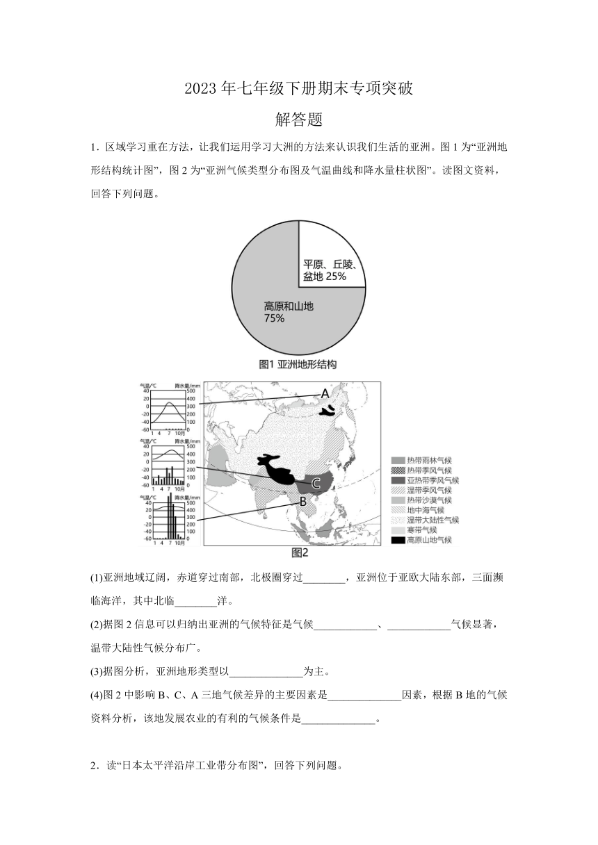 2022-2023学年七年级地理下学期期末解答题专项突破人教版（含答案）