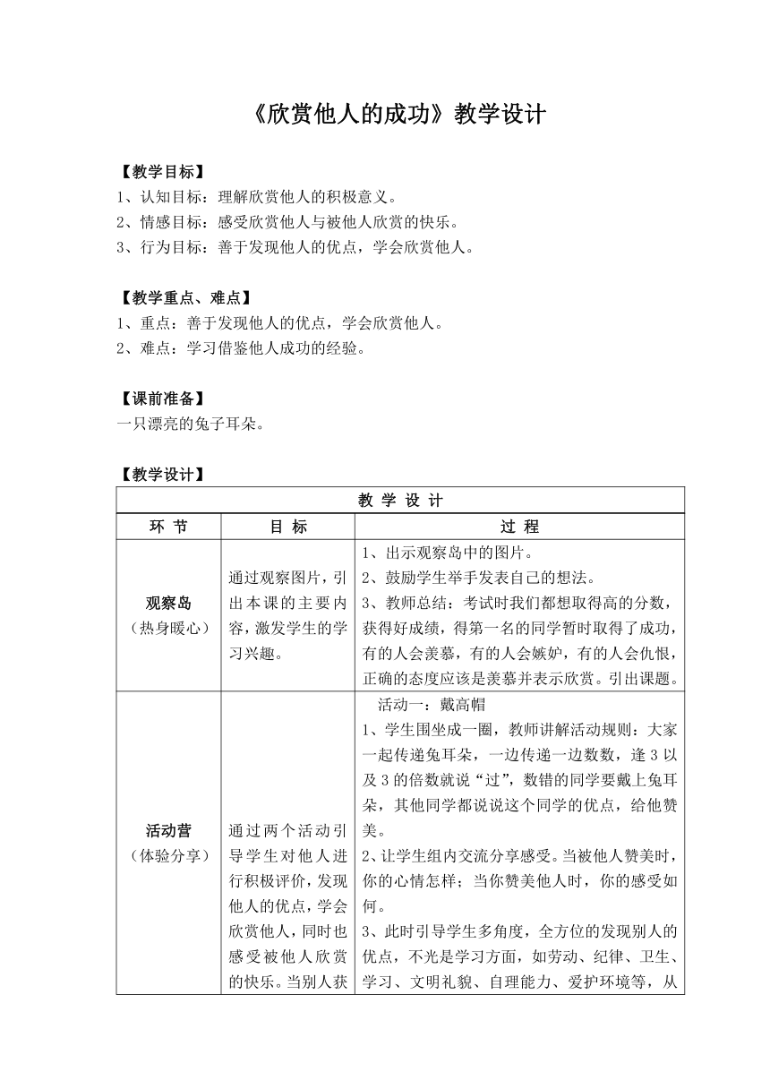 鄂科版六年级心理健康 1.欣赏他人的成功 教案（表格式）