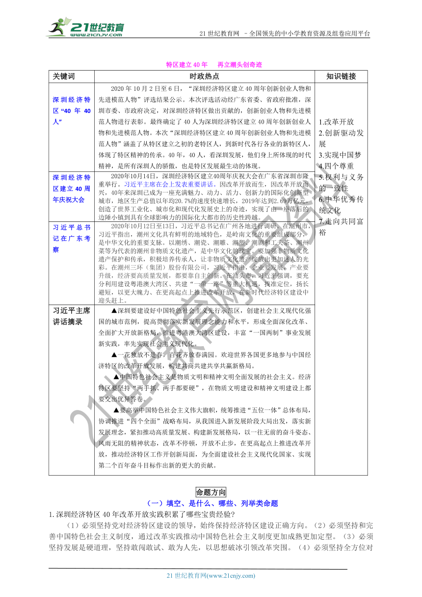 2021年中考时政热点专题复习学案 特区建立40年   再立潮头创奇迹