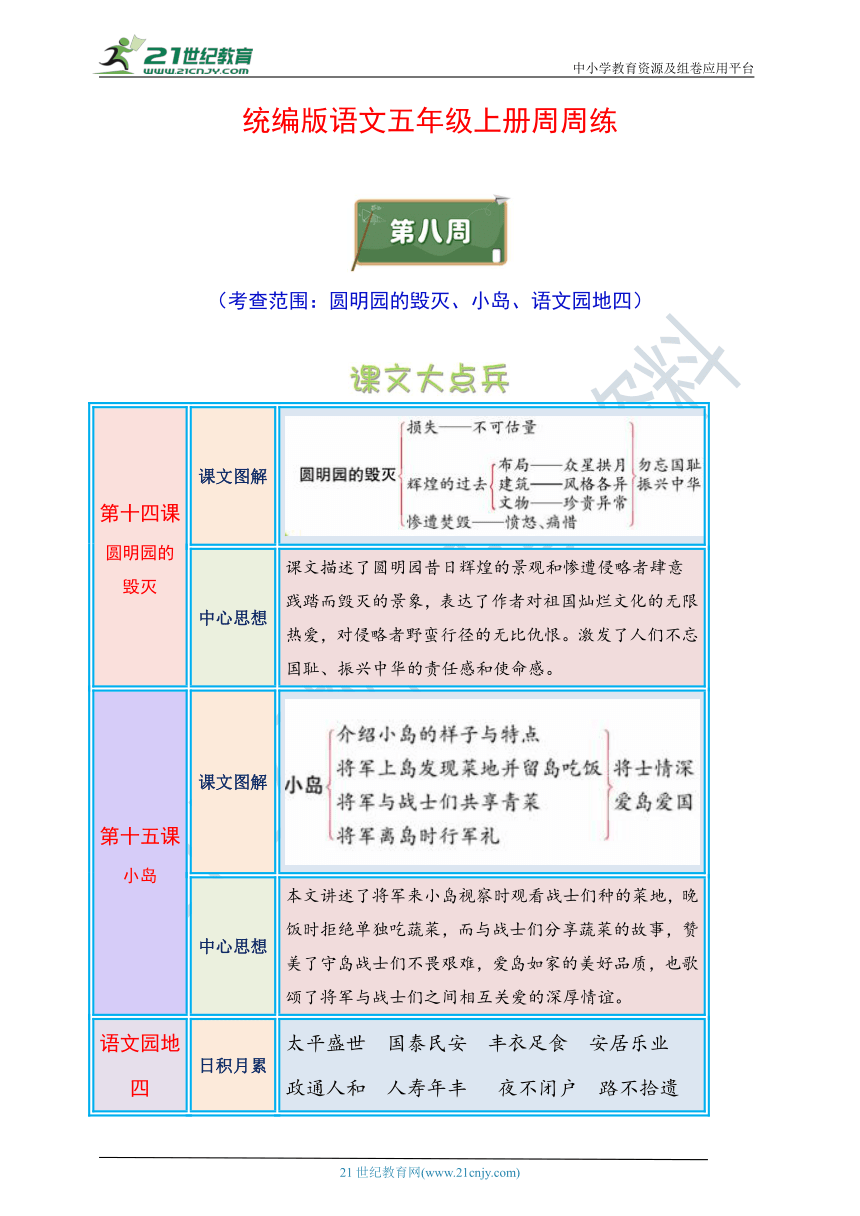 统编版语文五年级上册周周练 第8周（圆明园的毁灭、小岛、语文园地四）（含答案）