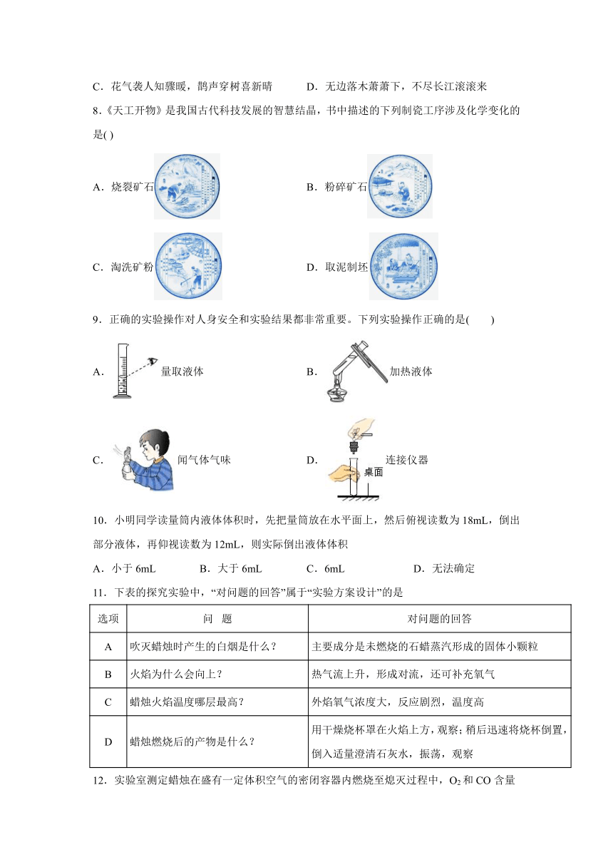 2022-2023学年人教版九年级化学上册  第一单元 走进化学世界(加绪言) 单元测试卷(有答案)