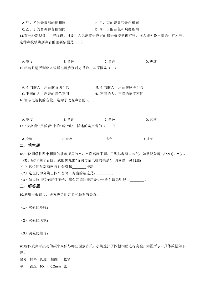 2020-2021学年华东师大版科学八年级下册1.2声音的特性 同步练习(word版 含解析)