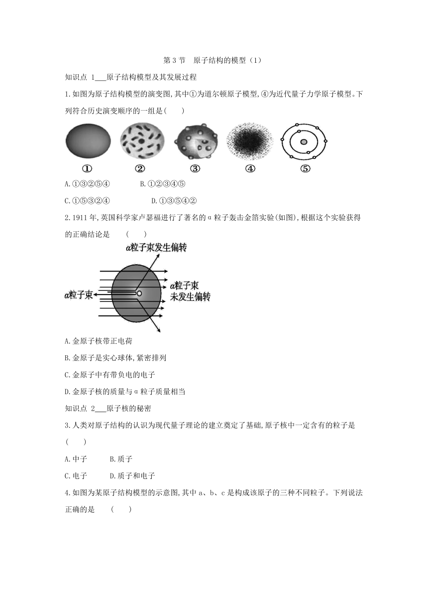 浙教版八年级科学下册同步课时练习：2.3　原子结构的模型  第1课时（含答案）
