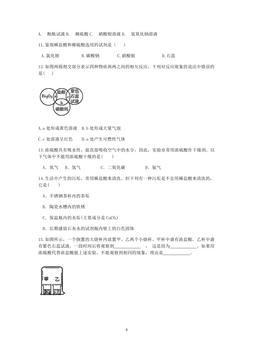 浙教版科学2022-2023学年上学期九年级“一课一练”：1.3常见的酸（1）【word，含解析】