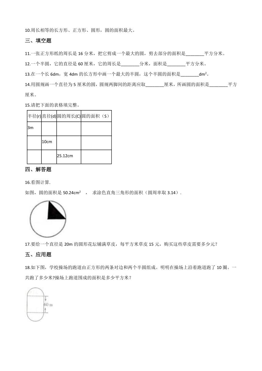 六年级上册数学一课一练-1.5圆的面积（一）   北师大版（2014秋）（含答案）