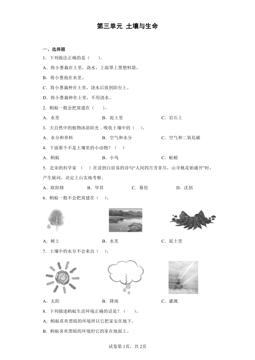 苏教版（2017秋） 二年级下册第三单元 土壤与生命 练习（含答案）