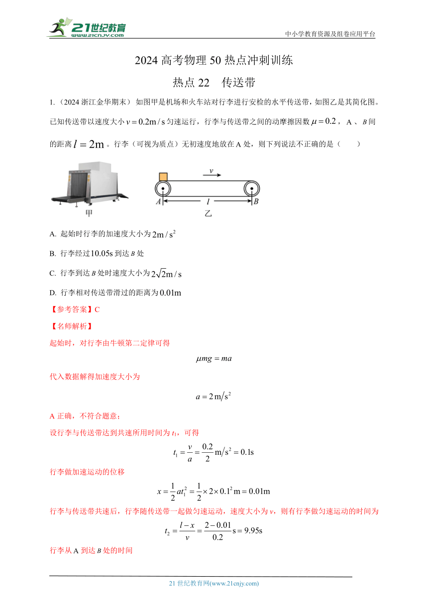 热点22  传送带 --高考物理50热点冲刺精练（名师解析）