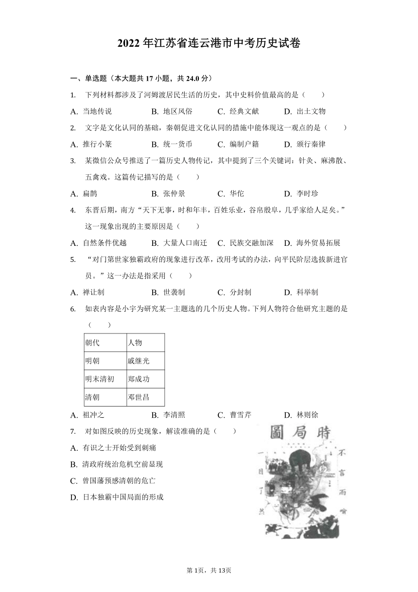 2022年江苏省连云港市中考历史真题试卷（含解析）