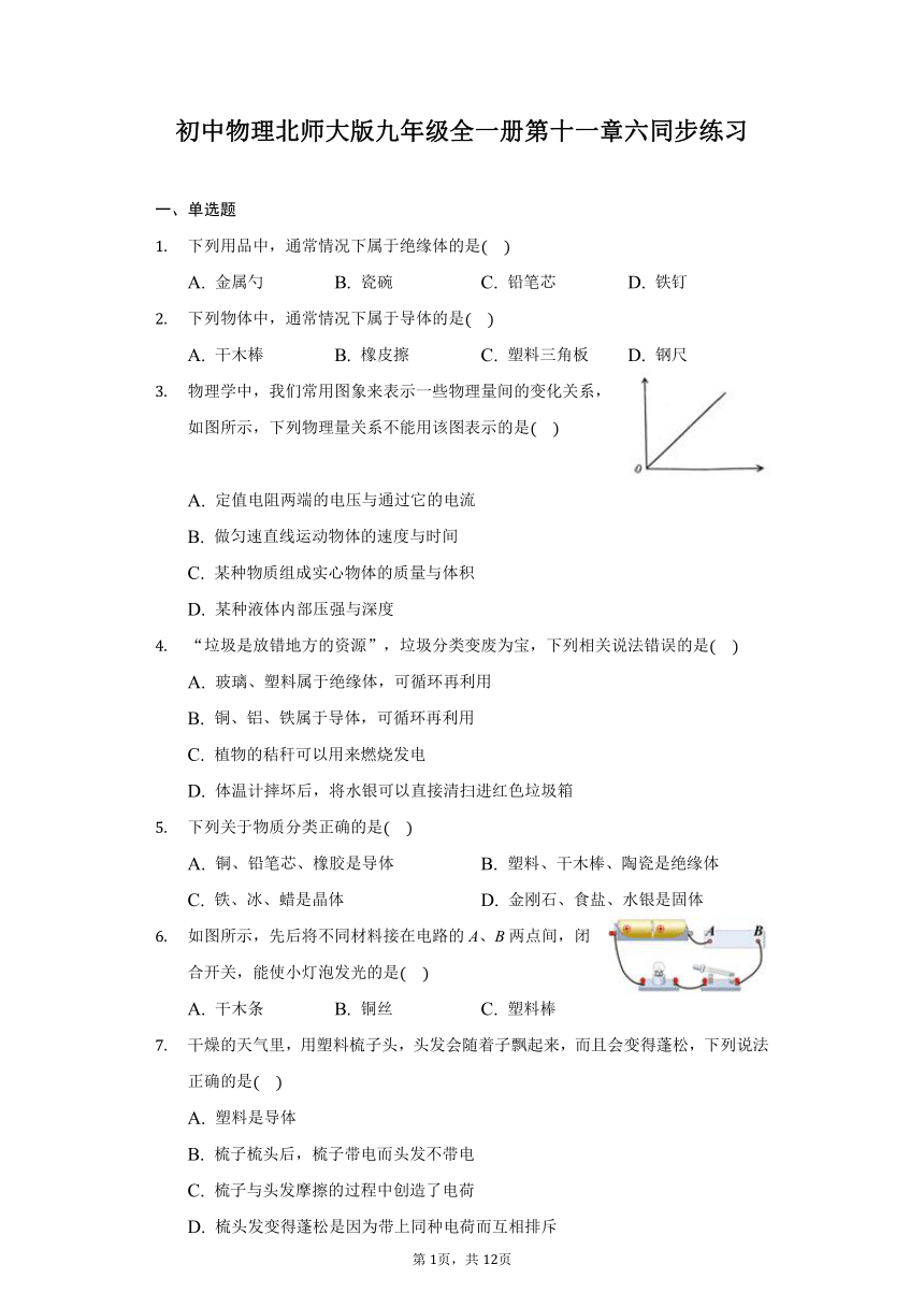 初中物理北师大版九年级全一册第十一章六不同物质的导电性能同步练习（含解析）