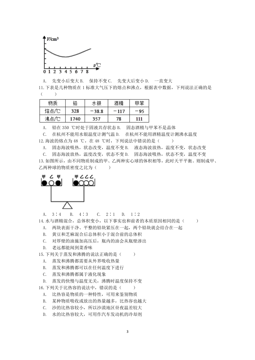 浙教版2022-2023学年上学期七年级科学分类题型训练：第四章《物质的特性》选择题（2）【word，含答案】