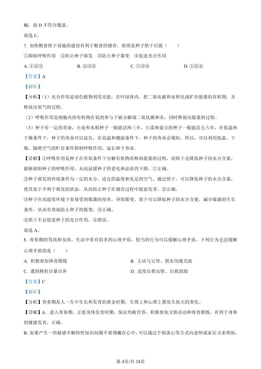 2023年湖南省长沙市中考生物真题（含解析）