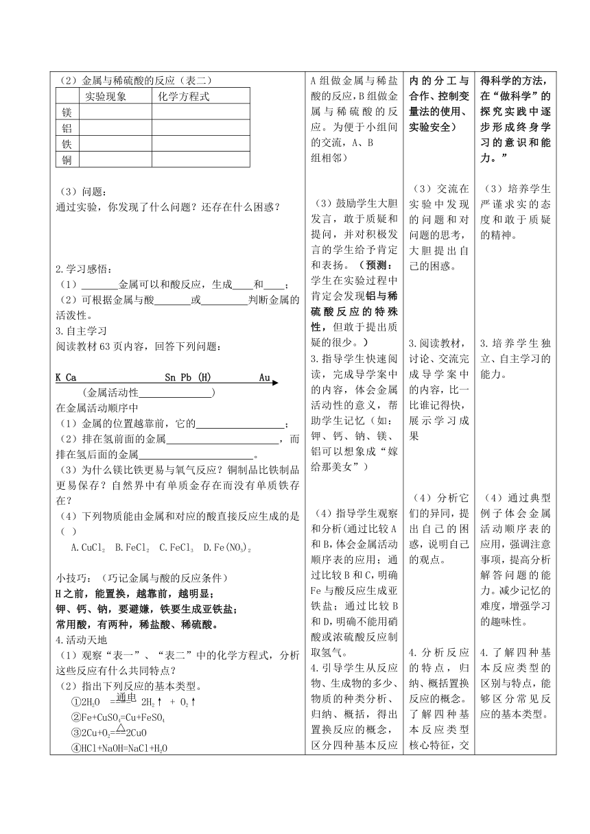 鲁教版九年级化学 第九单元第二节 金属的化学性质教案（表格型）