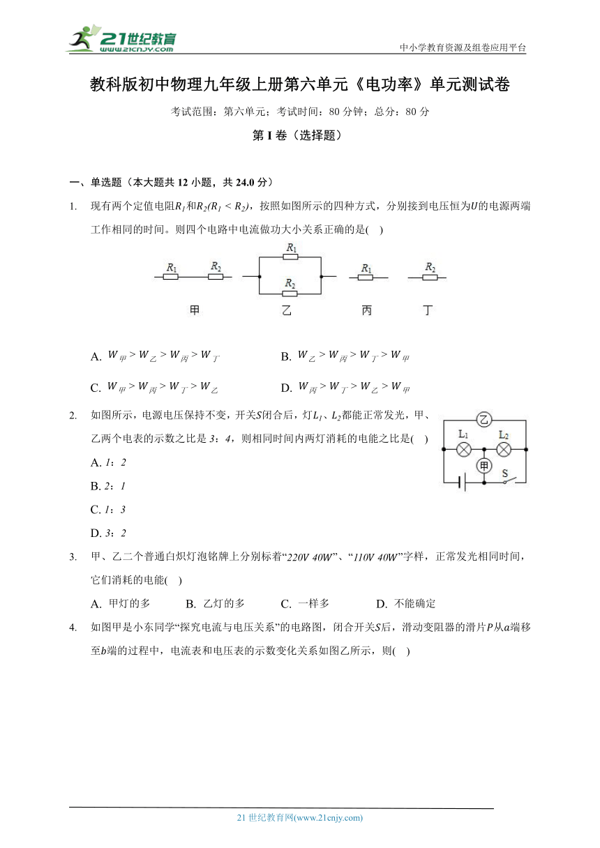 教科版初中物理九年级上册第六单元《电功率》单元测试卷（含答案解析）