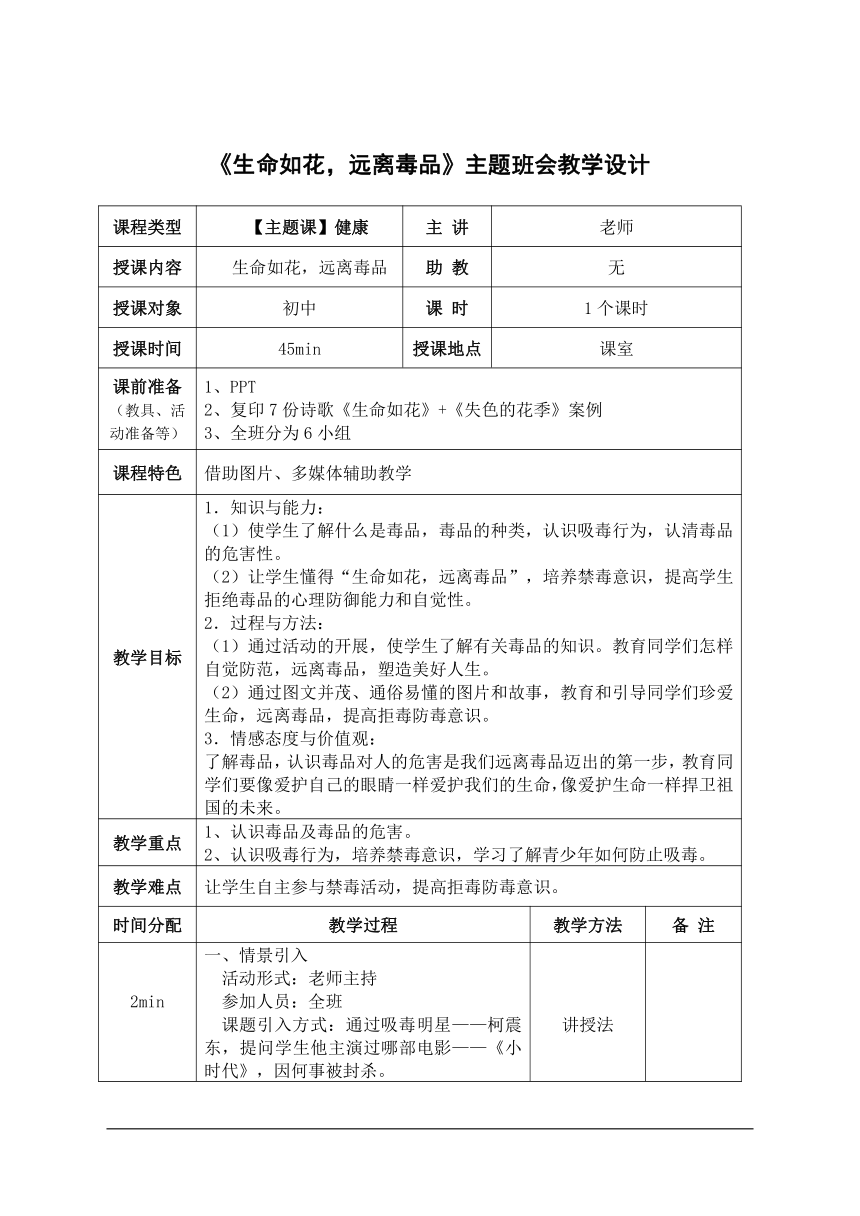 《生命如花，远离毒品》主题班会教学设计（表格式）