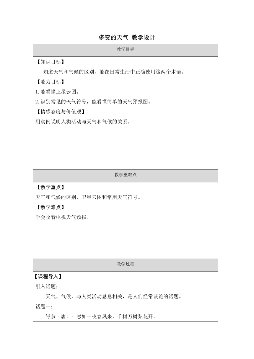 3.1多变的天气 教学设计（表格式）2022-2023学年七年级地理上册人教版