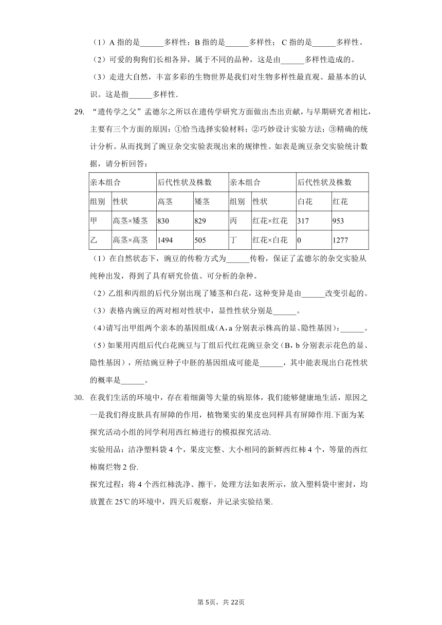 2020-2021学年甘肃省天水市石马坪中学八年级（下）期中生物试卷（word版 含解析）