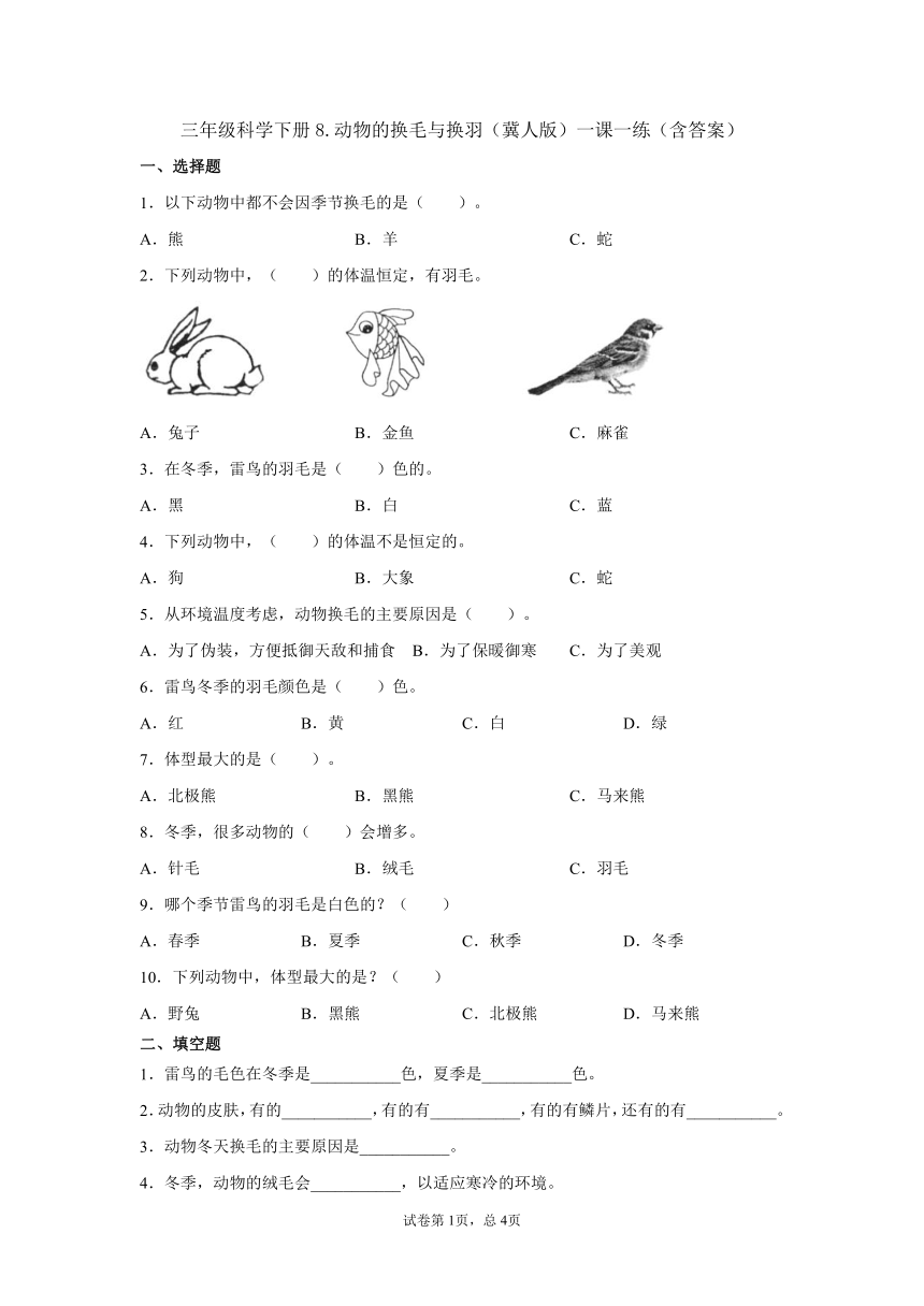 冀人版（2017秋）三年级科学下册8.动物的换毛与换羽 一课一练（含答案）