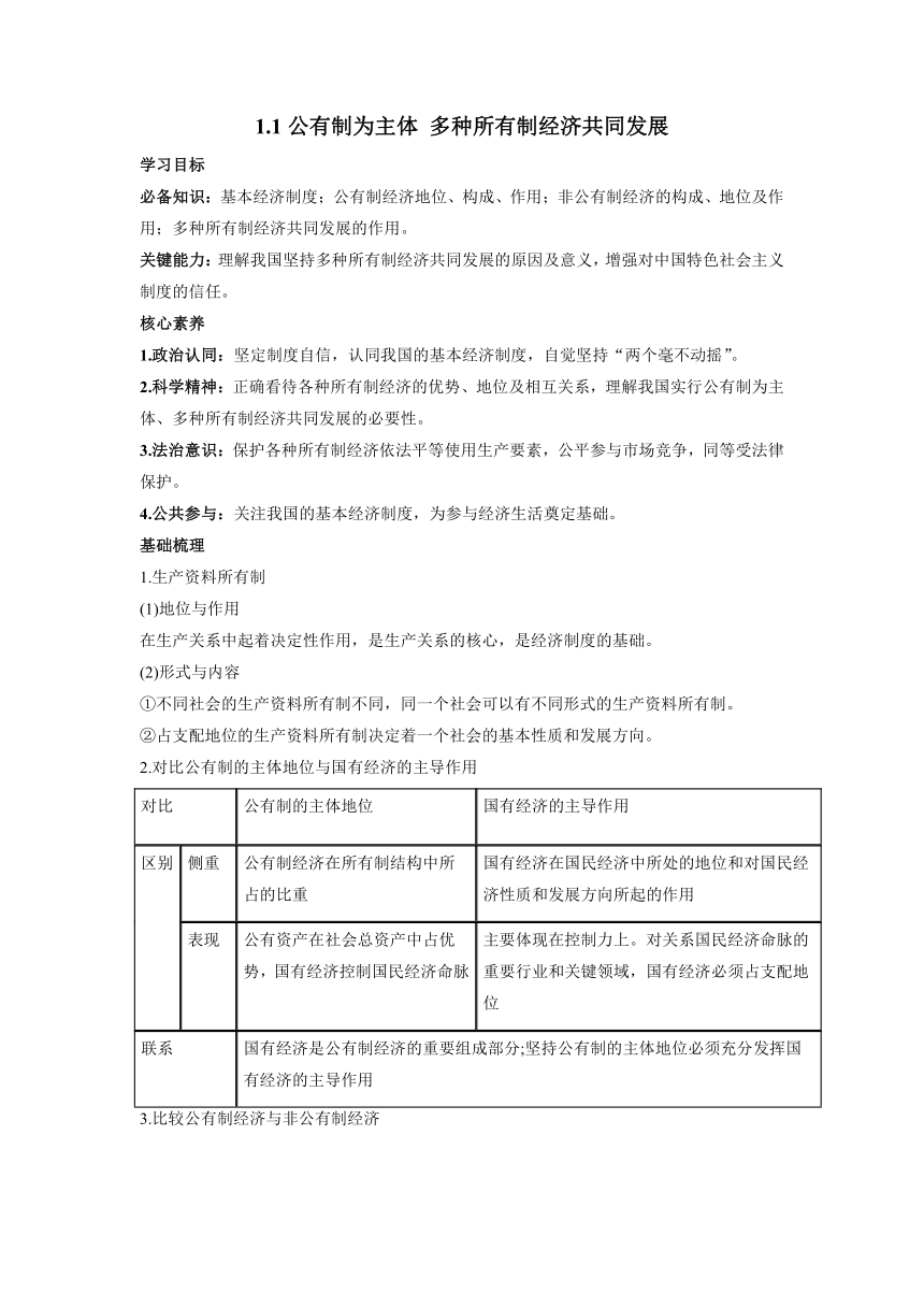 1.1 公有制为主体 多种所有制经济共同发展 学案（含答案） -2022-2023学年高中政治统编版必修二经济与社会