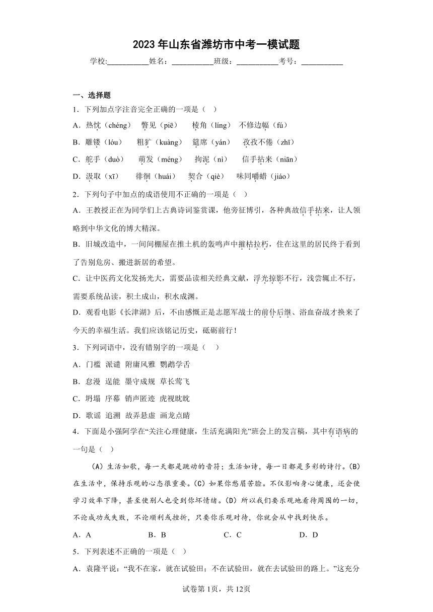 2023年山东省潍坊市中考一模语文试题（含答案）