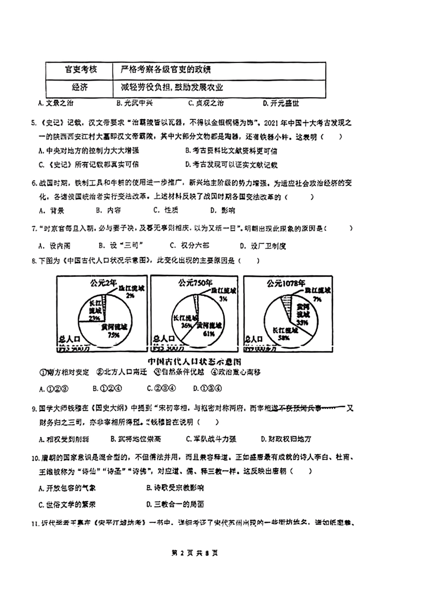 江苏省苏州中学2023-2024学年九年级下学期一模考试历史试题(扫描版无答案)