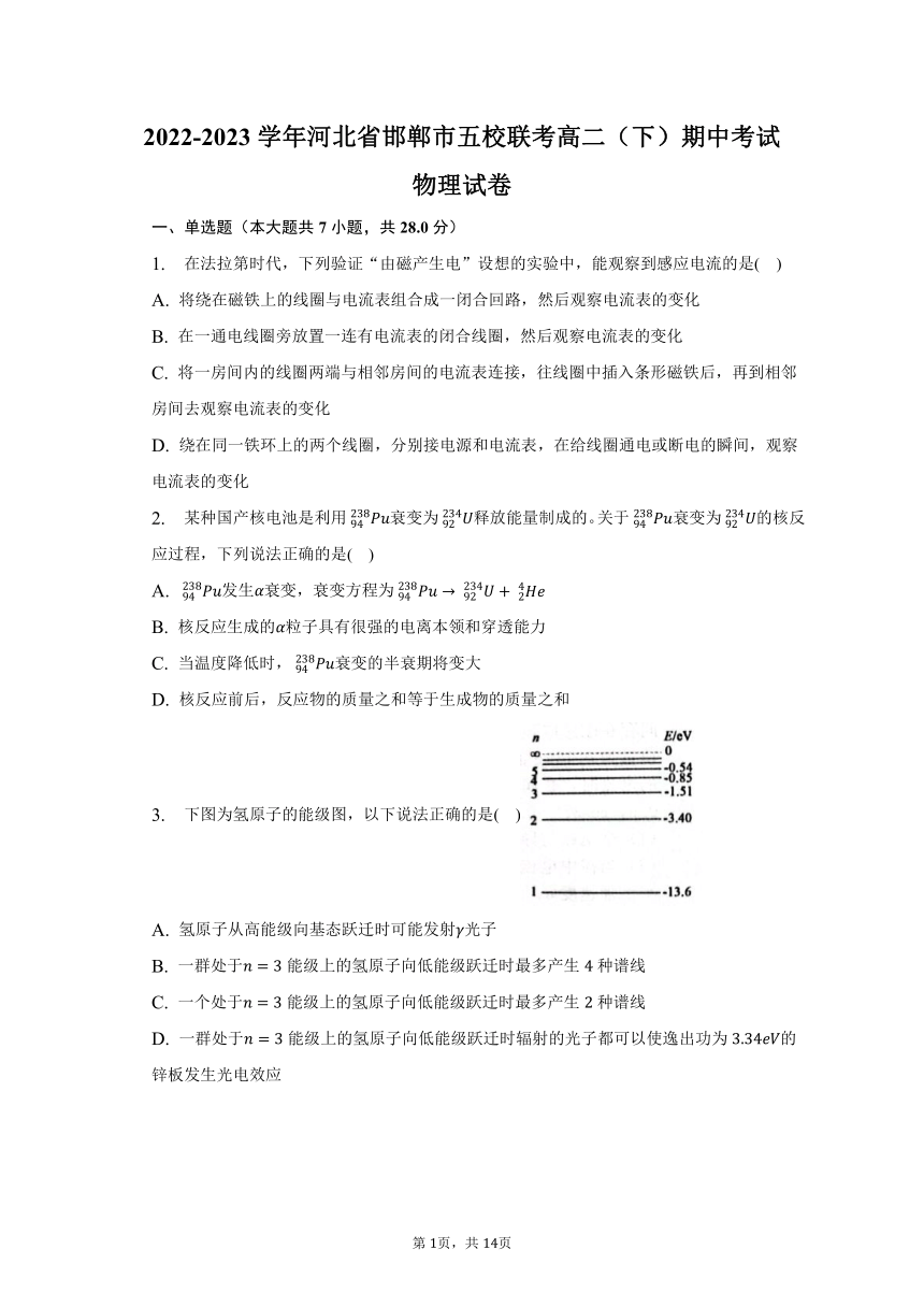 2022-2023学年河北省邯郸市五校联考高二（下）期中考试物理试卷（含解析）