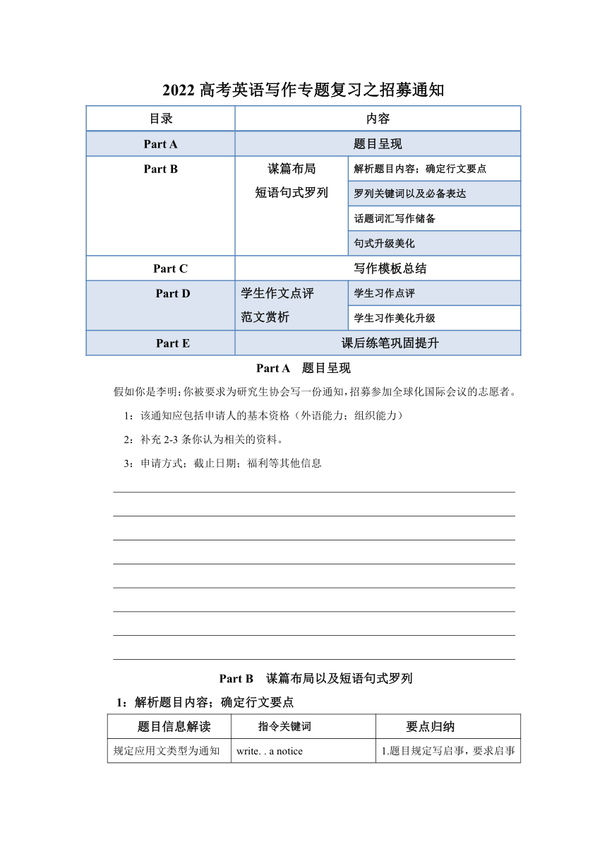 2022高考英语写作专题复习之招募通知学案（答案解析）