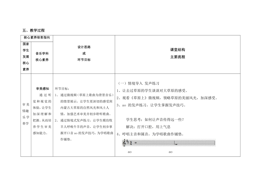 人音版 (北京） 三年级上册音乐 第二单元 草原上 教案（表格式）