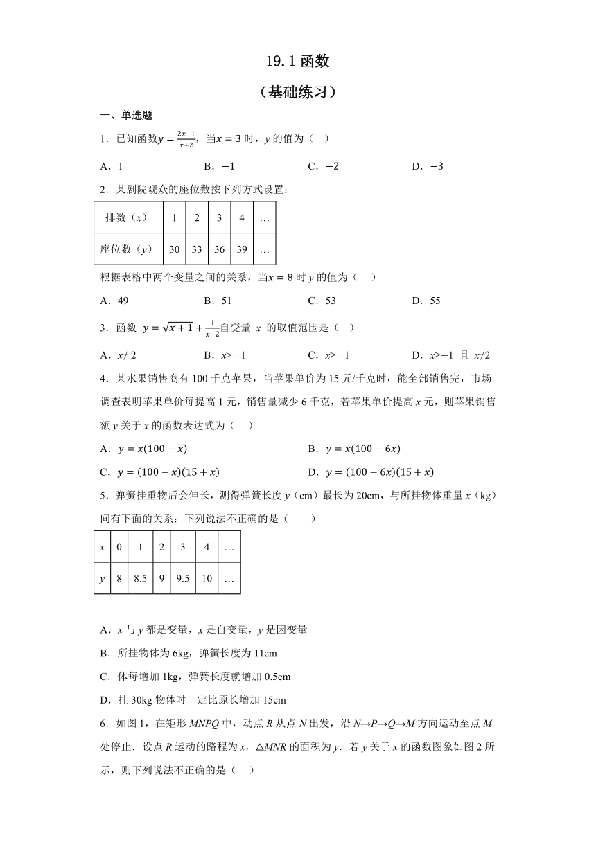 19.1函数基础练习（含答案）八年级数学下学期人教版