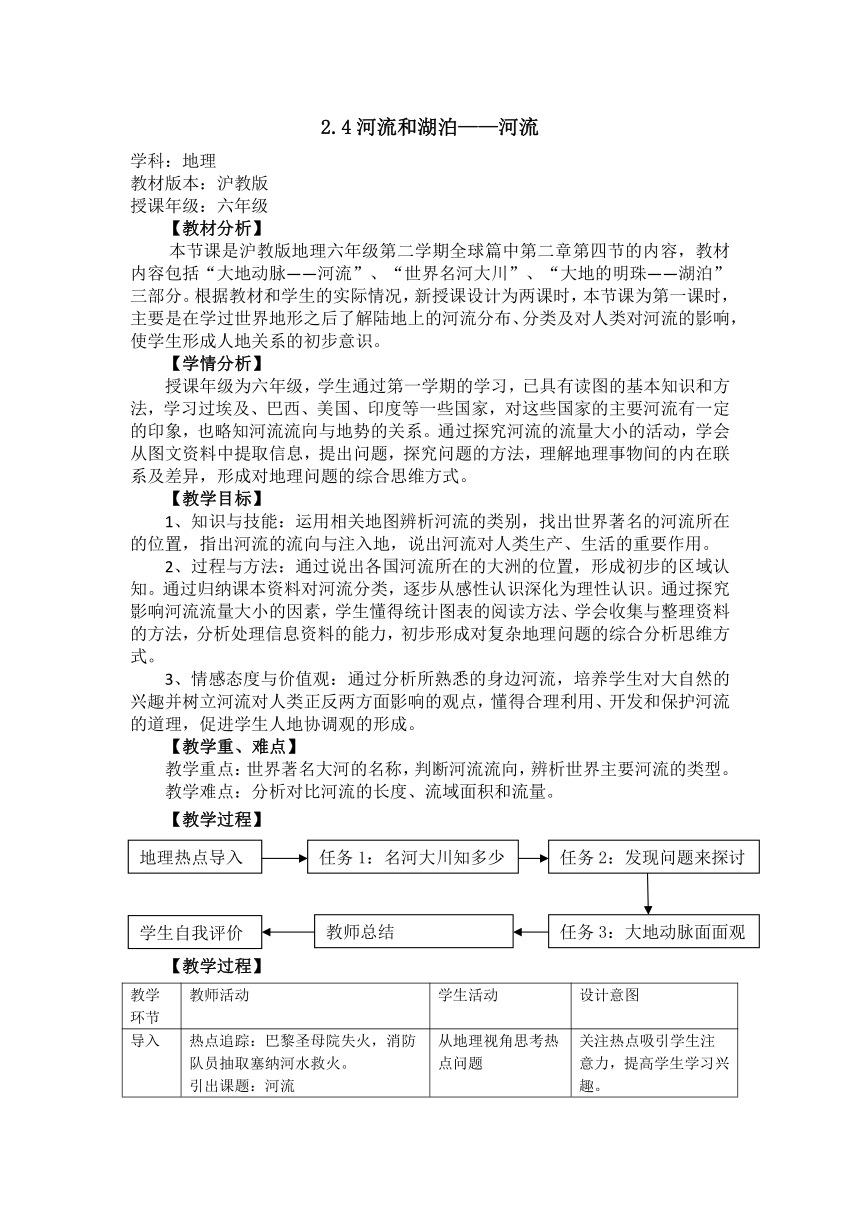 沪教版地理六年级下册 2.4 河流和湖泊 第一课时 河流 教案（表格式）