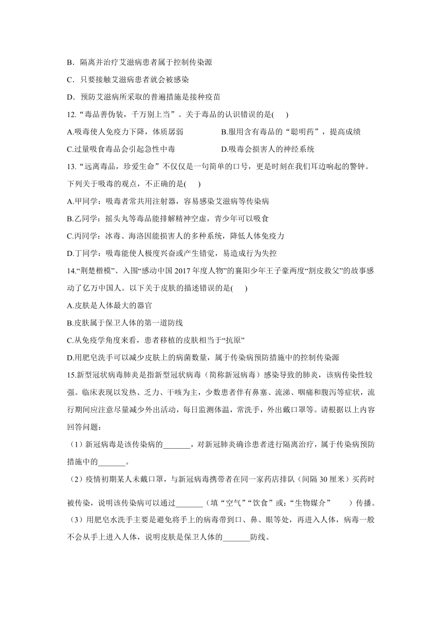 2020-2021学年七年级下册生物冀教版单元测试AB卷 第二单元第六章 增强免疫 预防疾病 B卷（word版含解析）