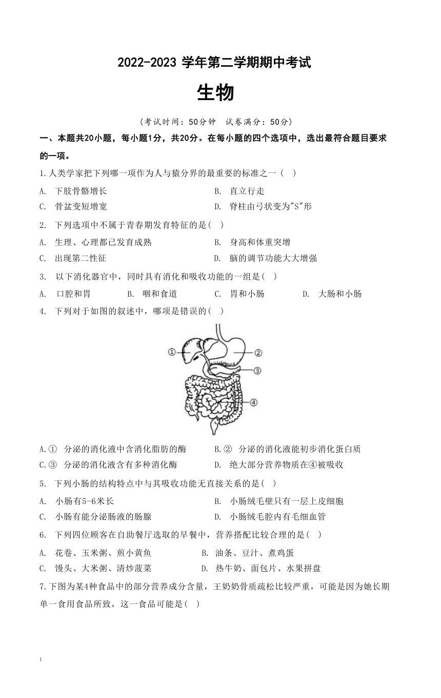 河南省濮阳市卫都实验学校2022-2023学年七年级下学期期中考试生物试题（无答案）