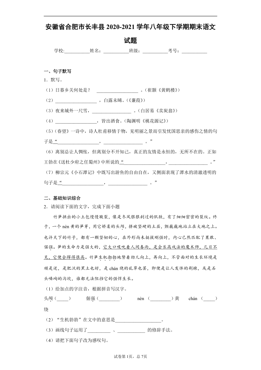 安徽省合肥市长丰县2020-2021学年八年级下学期期末语文试题（word版 含答案）