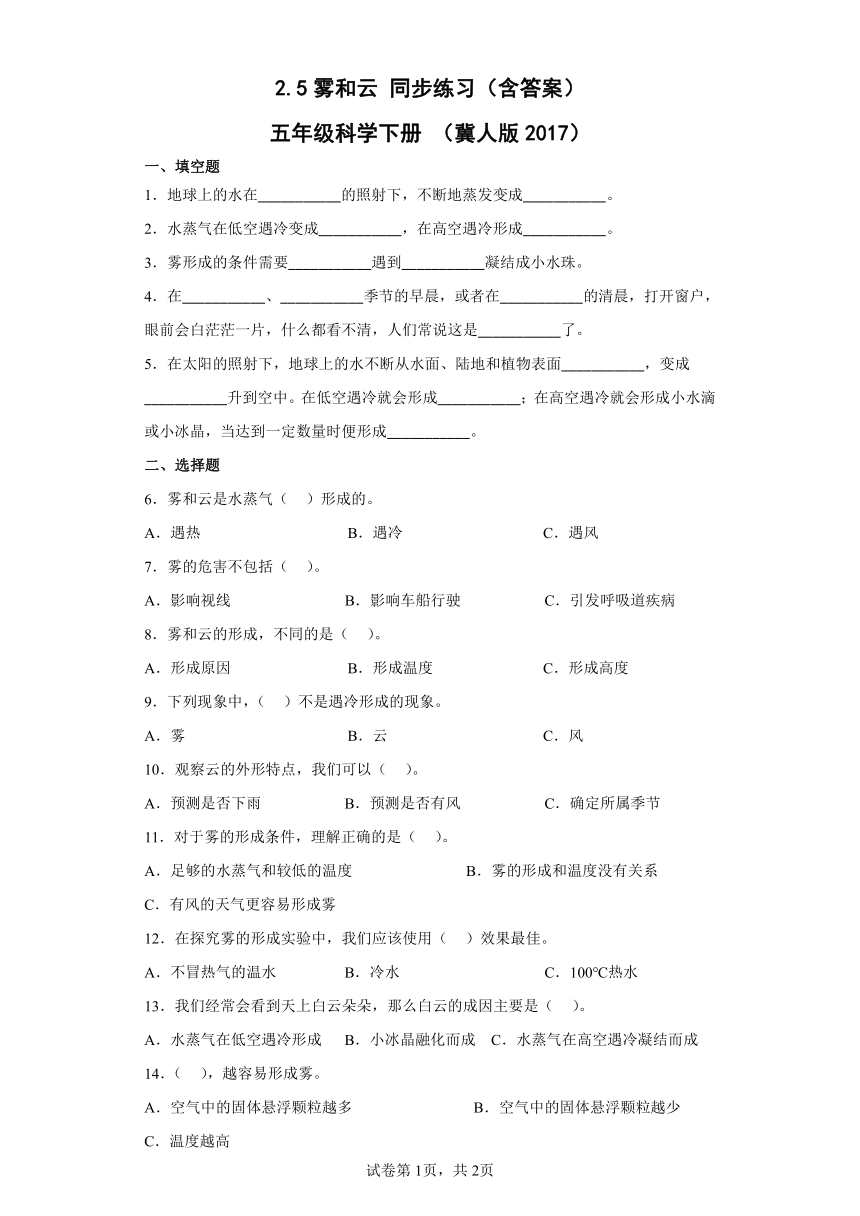 冀人版（2017秋） 五年级下册2.5 雾和云同步练习（含答案）