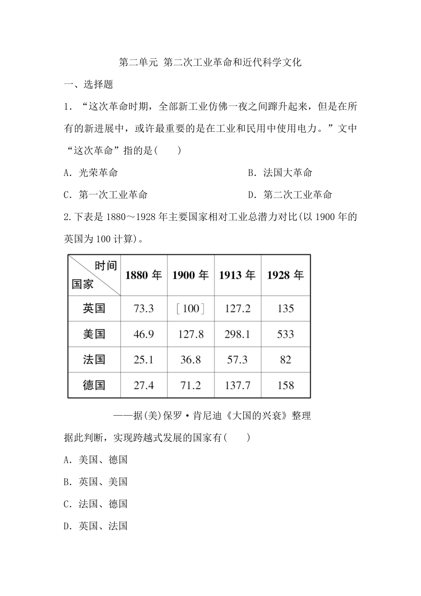 2022-2023学年部编版九年级历史下册第二单元第二次工业革命和近代科学文化测试（含答案）